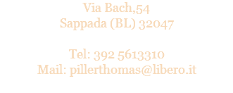 Via Bach,54
Sappada (BL) 32047 Tel: 392 5613310
Mail: pillerthomas@libero.it
