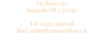 Via Bach,191
Sappada (BL) 32047 Tel: 0435 469048
Mail: pillerthomas@libero.it
